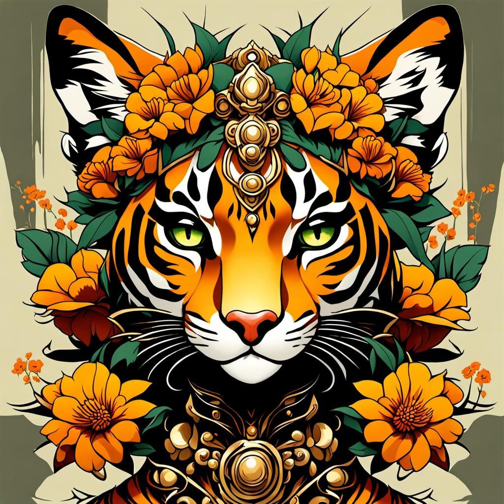 Flowerpunk Tigress in Art Nouveau Style