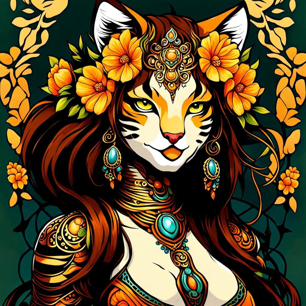 Flower Punk Tigress in Art Nouveau Style