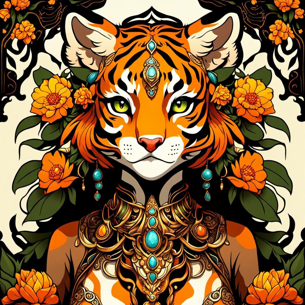 Alluring Tigress Fursona in Art Nouveau Style