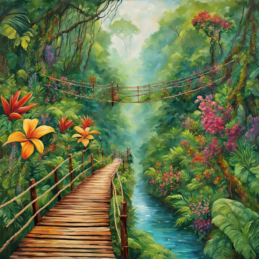 Vibrant Jungle Bridge in Heavy Impasto Style