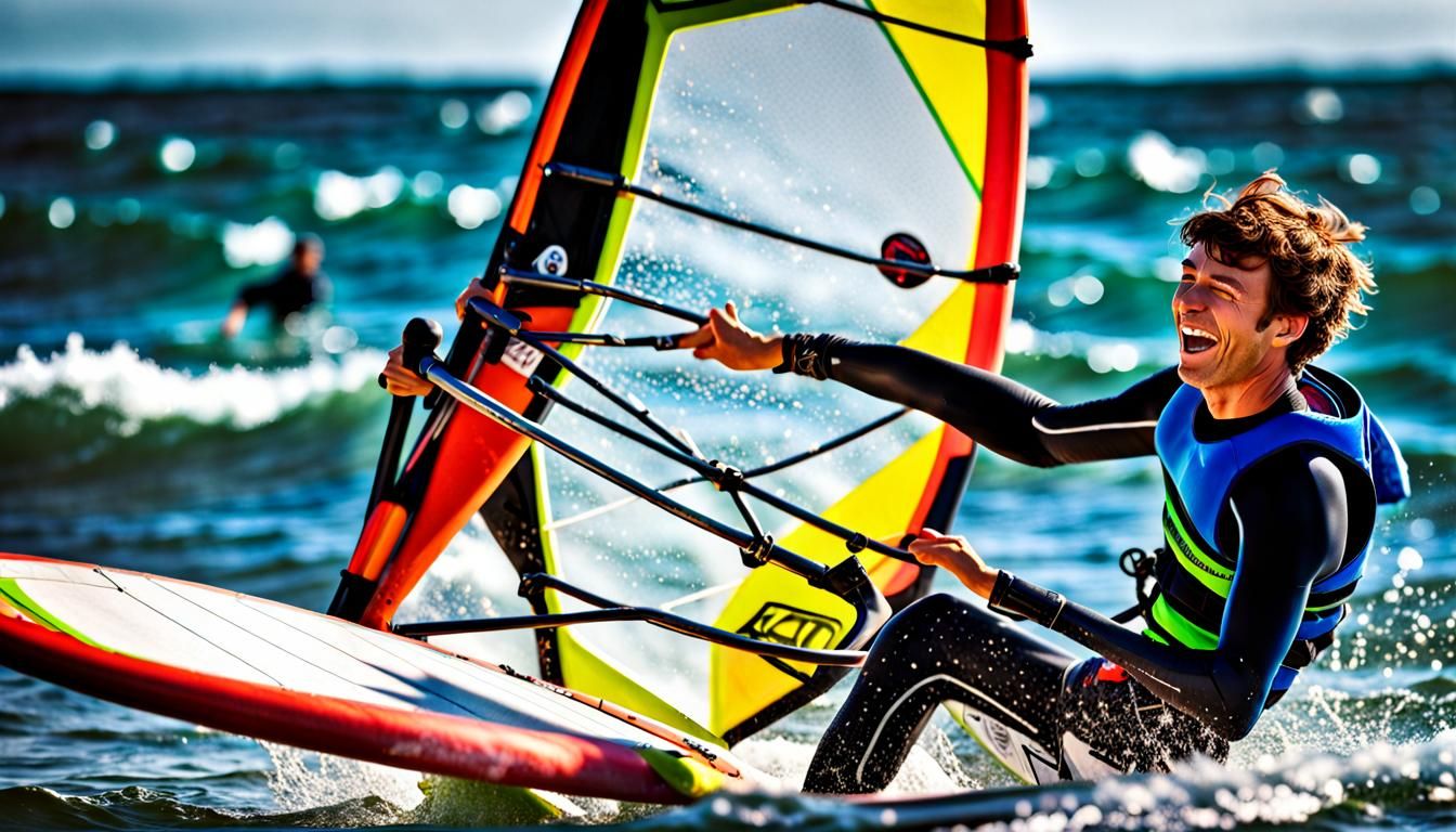 Teenage Boy Windsurfing Close-up, Hyperrealistic HDR
