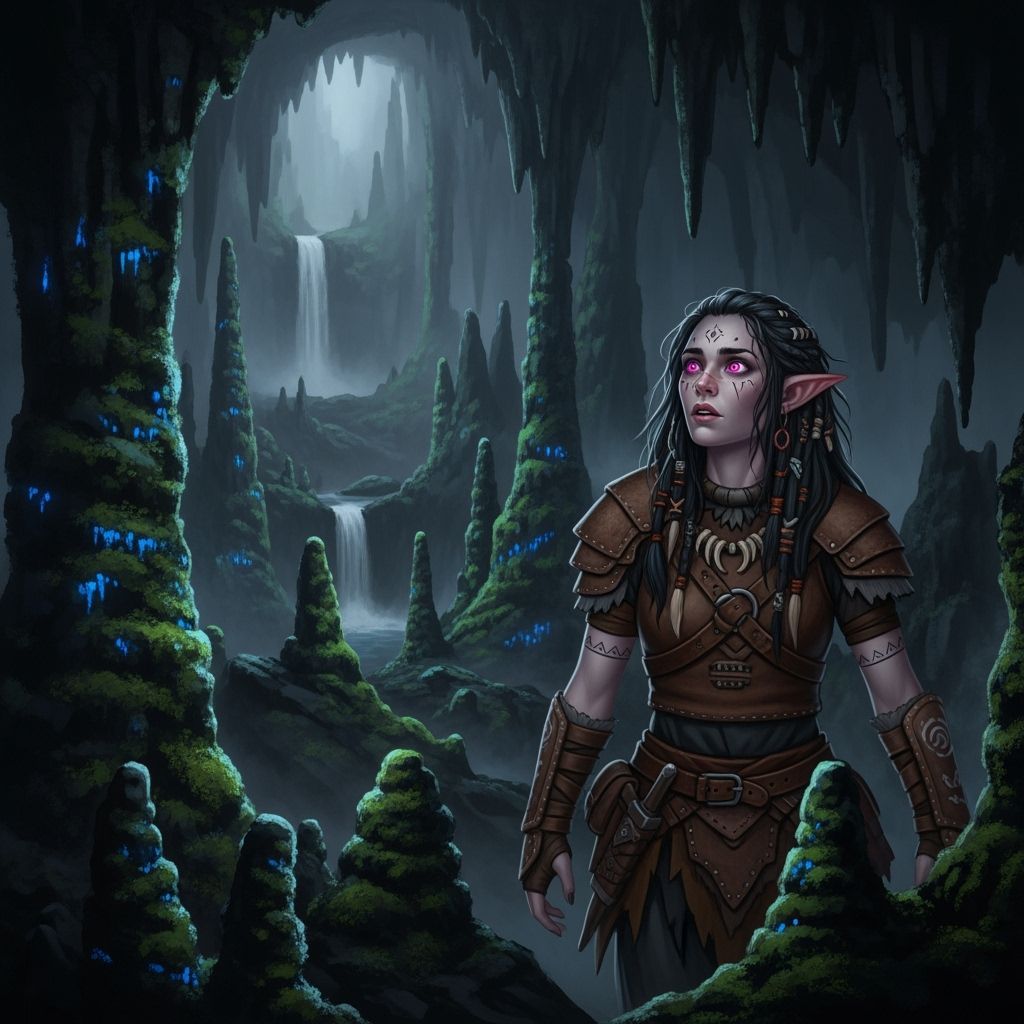 Giant Half-Orc Woman Lost in Bioluminescent Cavern