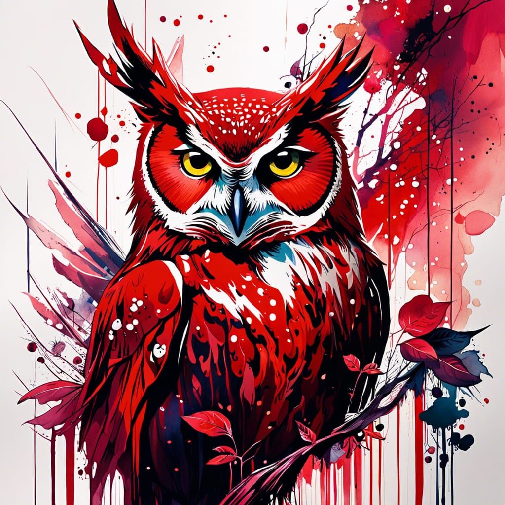 Red Owl Watercolor Manga Illustration