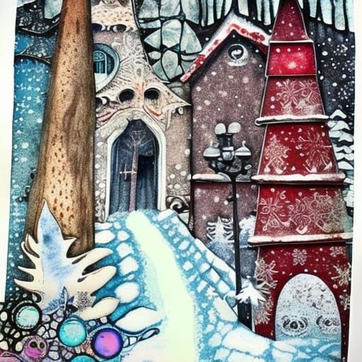 Winter Fantasy Village in Mixed Media Collage