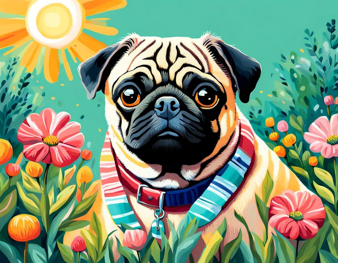 Vibrant Pug in Whimsical Garden Scene