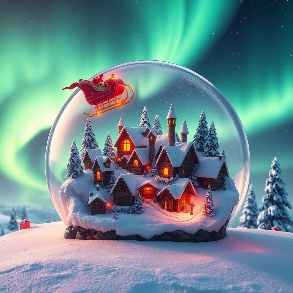 Enchanted Globe Village Under Northern Lights