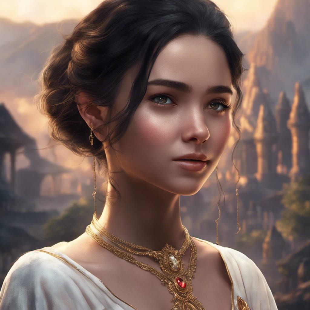Golden-Eyed Girl with Ruby Necklace: Digital Portrait
