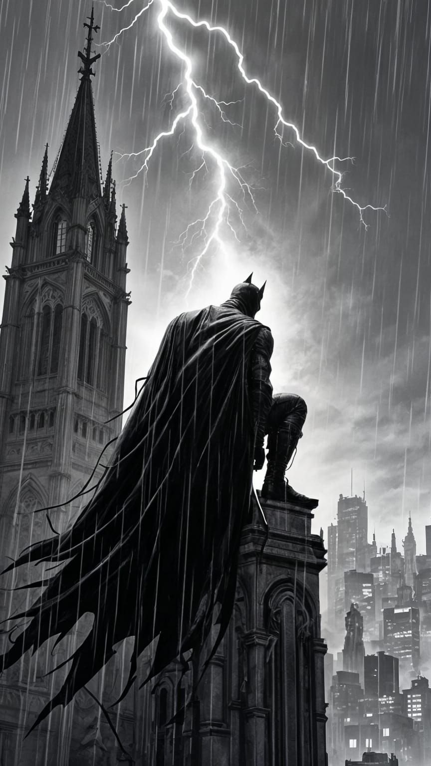 Dark Vigilante on Gotham Cathedral Spire in Stormy Night