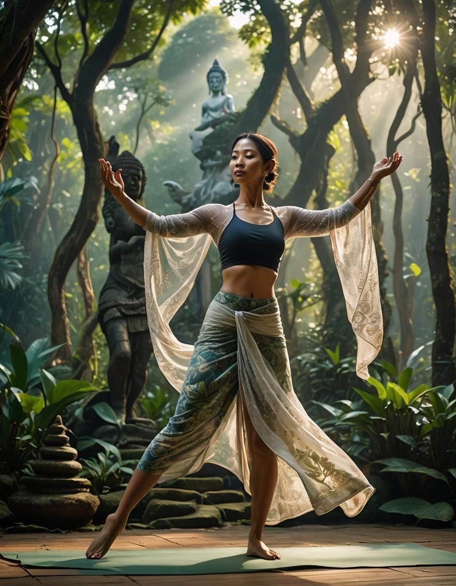 young Thai woman in the
(Virabhadrasana yoga pose: 1.8), wearing sarong, hourglass figure, morning Yoga, fantasy jungle,...