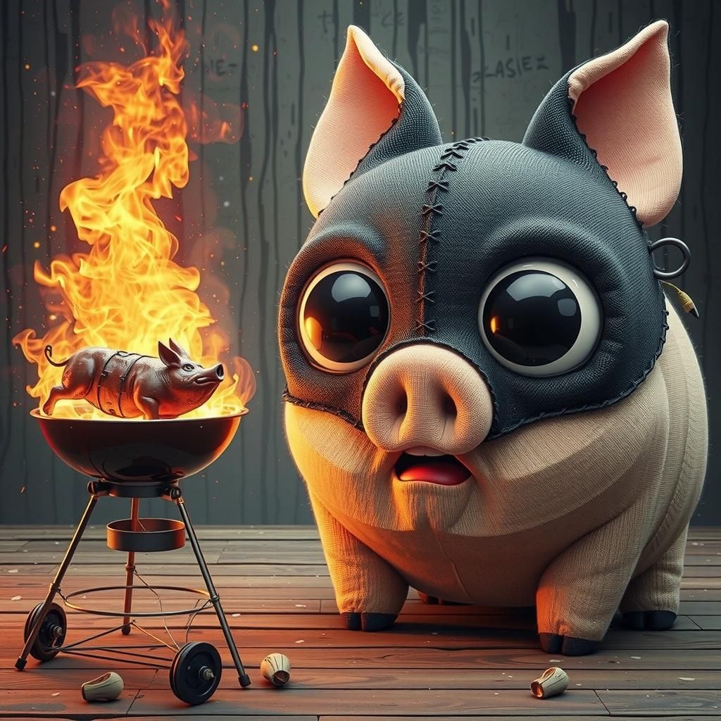 Frightened Batman Pig Beside a Burning Grill