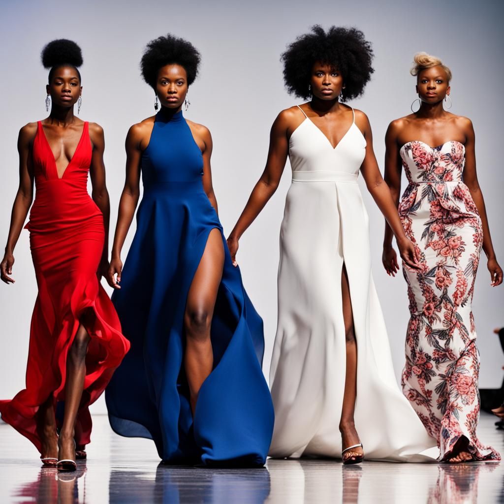 Fashion Runway Models in Red, Blue, Black, White Dresses