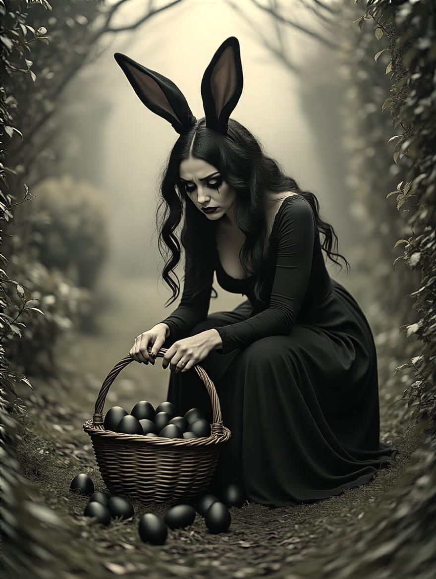 Gothic Easter Bunny Searches for Black Eggs in Enchanted Gar...
