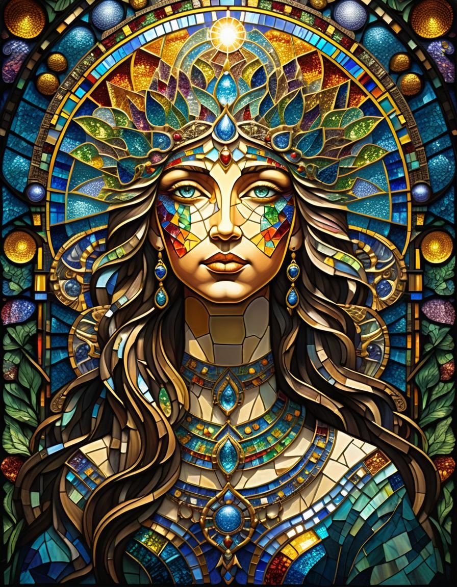 Mosaic Stained Glass Goddess Portrait in Fractal Art