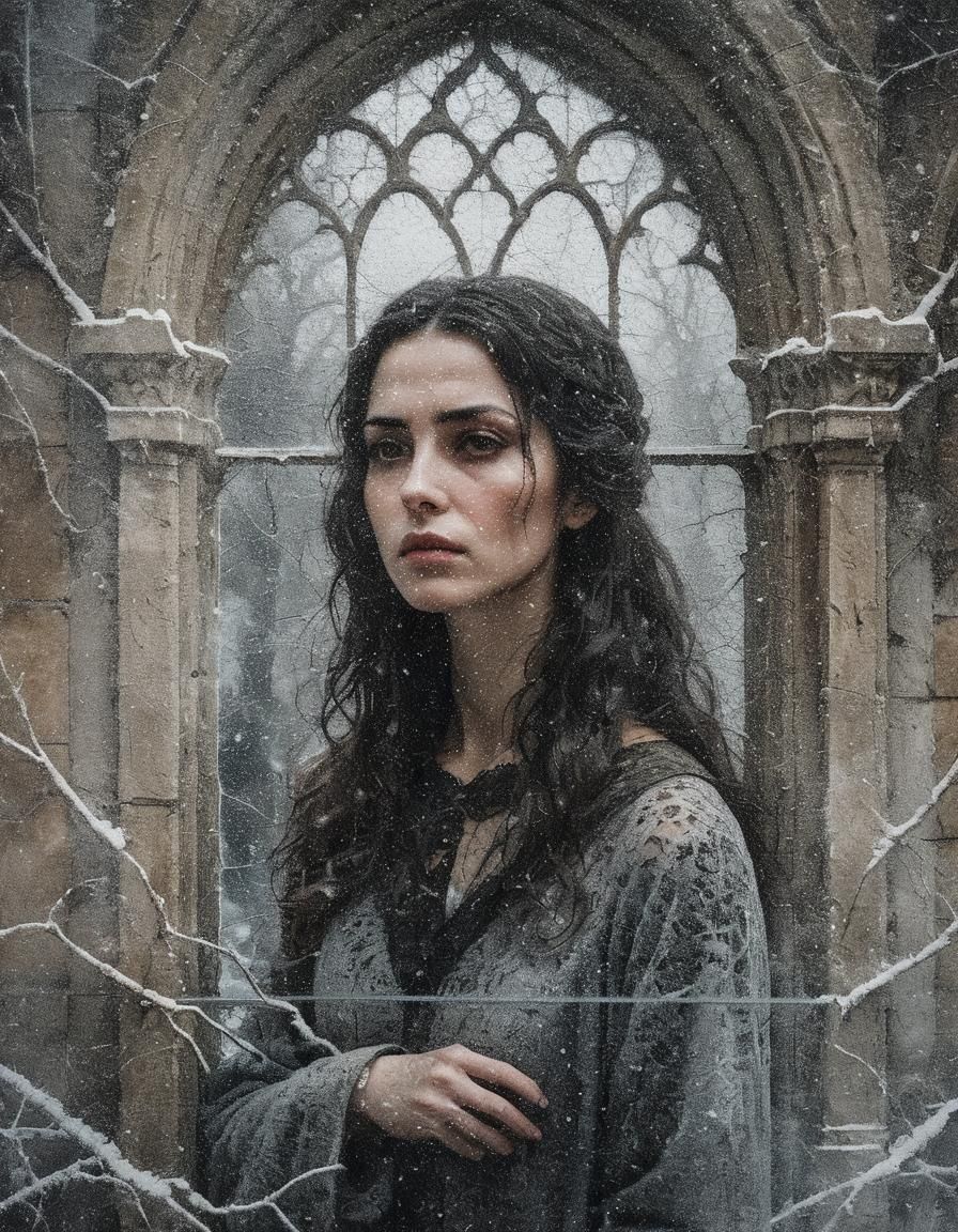 Gothic Window View of Sad Woman in Snowstorm