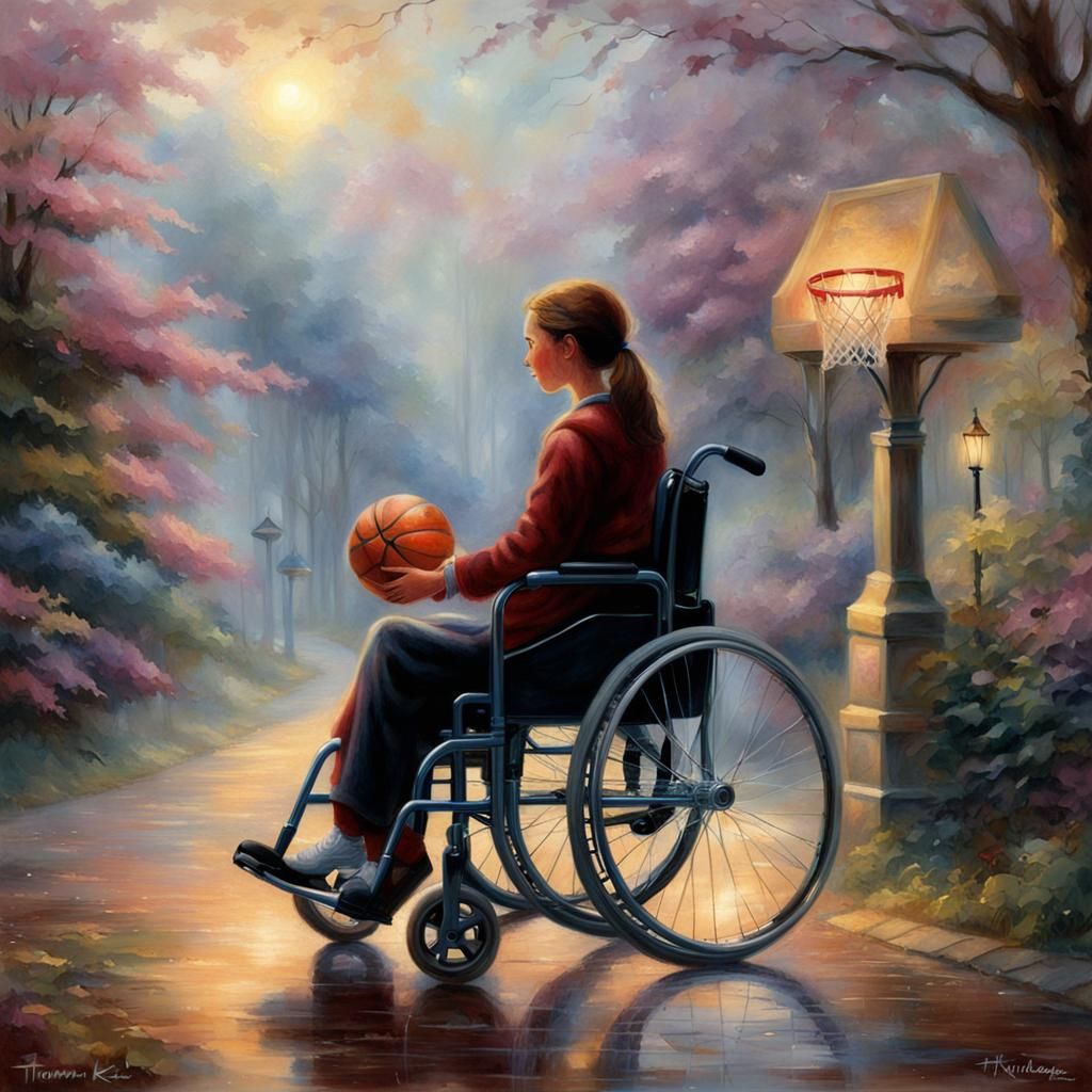 Girl in Wheelchair Holding Basketball in Ethereal Style