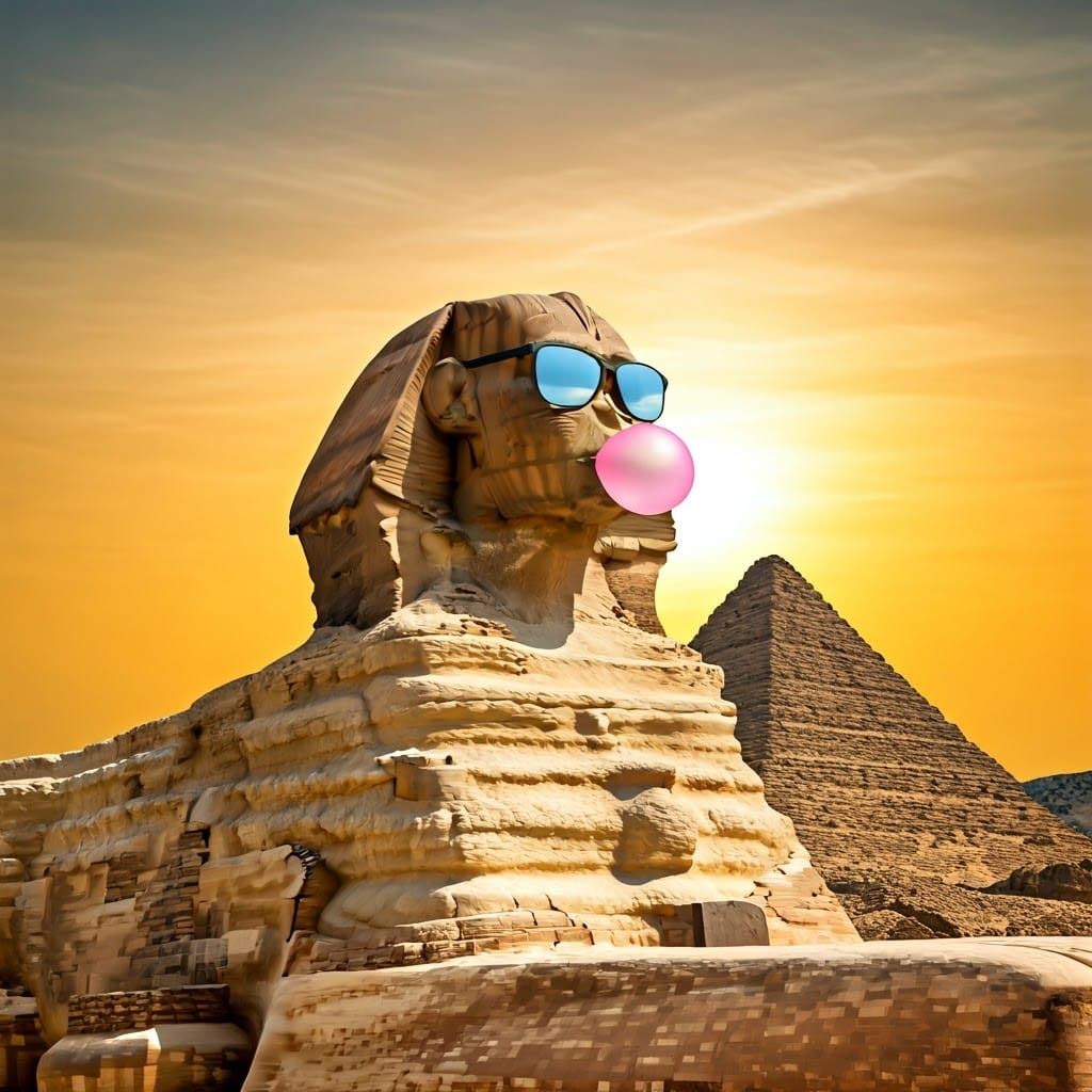 Egyptian Sphinx Blows Bubblegum at Sunset in Retro Style