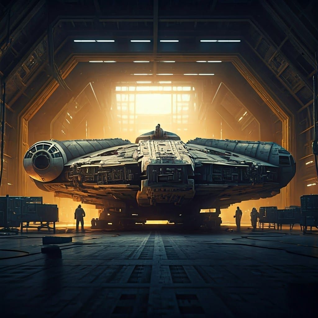 Millennium Falcon Repair in Dimly Lit Hangar