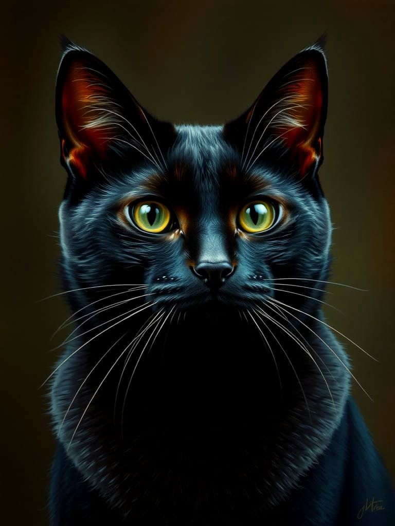 A Majestic Black Cat in Oil Paint, Inspired by the Masters