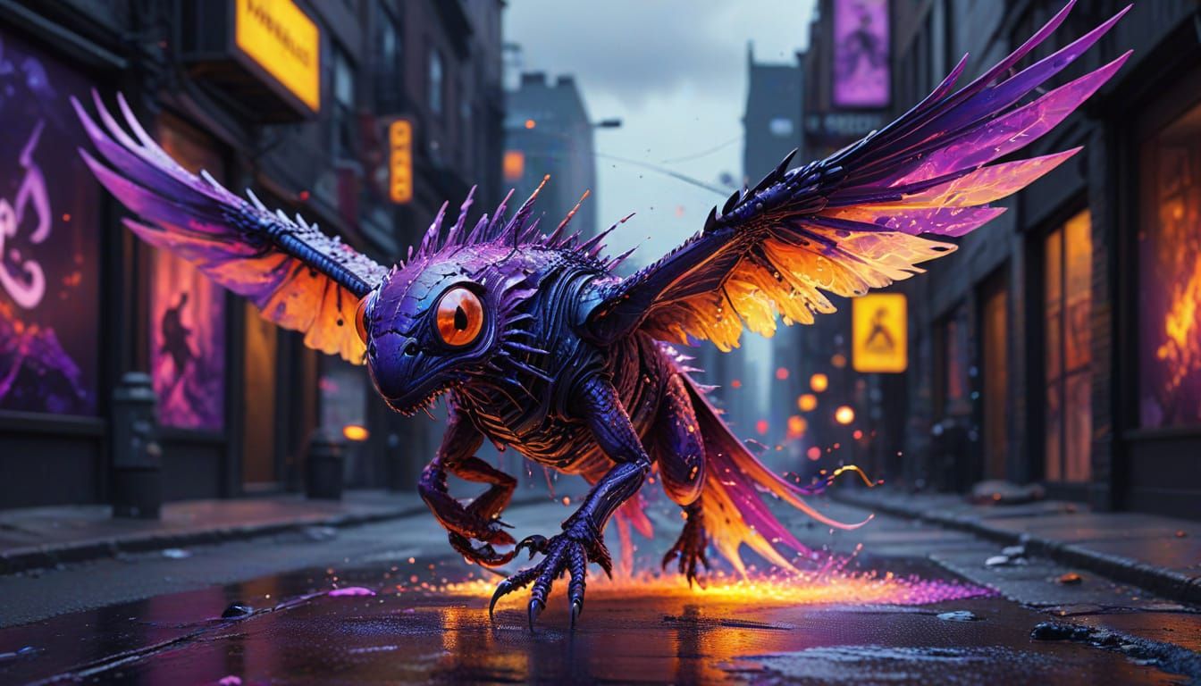 One-Eyed Purple Creature Hunting in Vibrant Cityscape