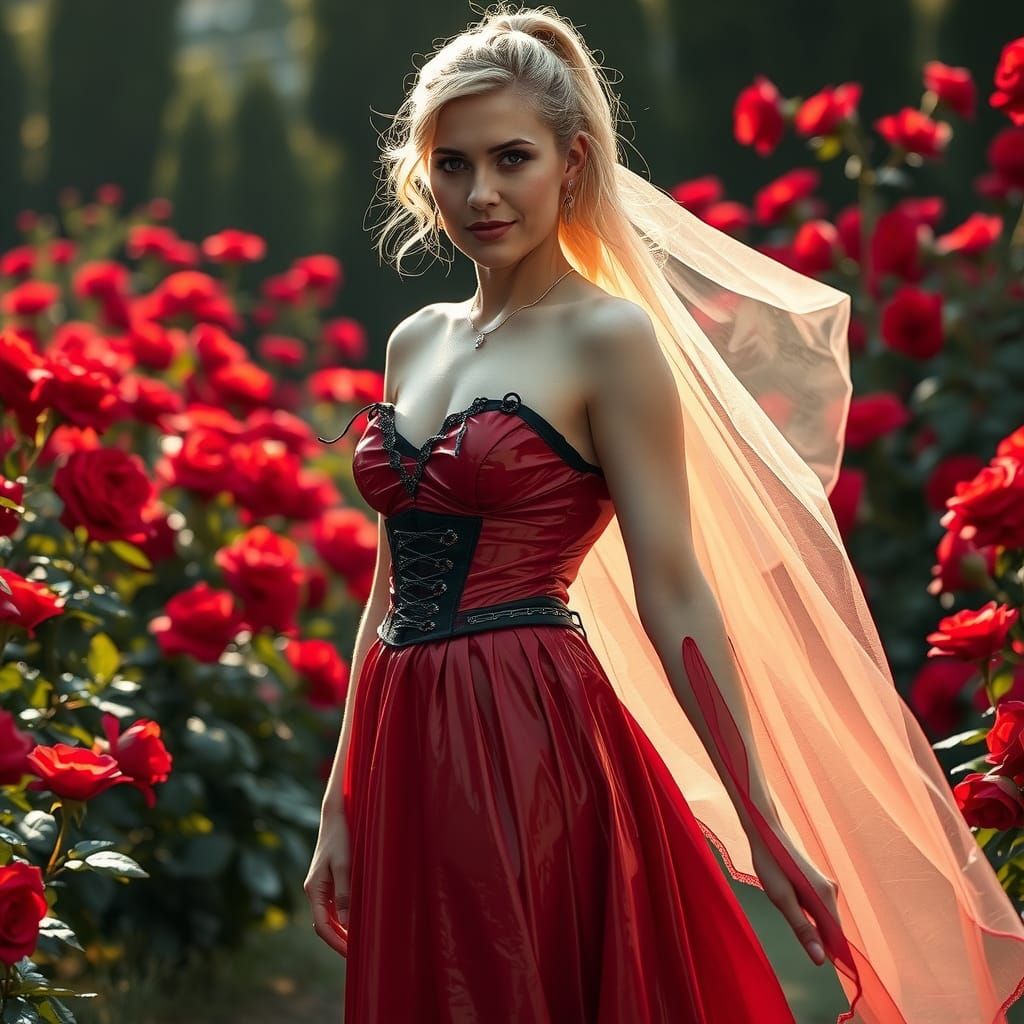 Elegant Woman in Red Dress in Rose Garden