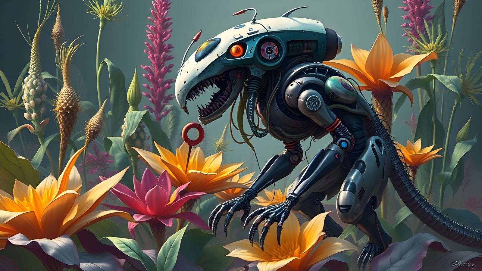 Biomechanical Creature in Vibrant, Dreamlike Colors