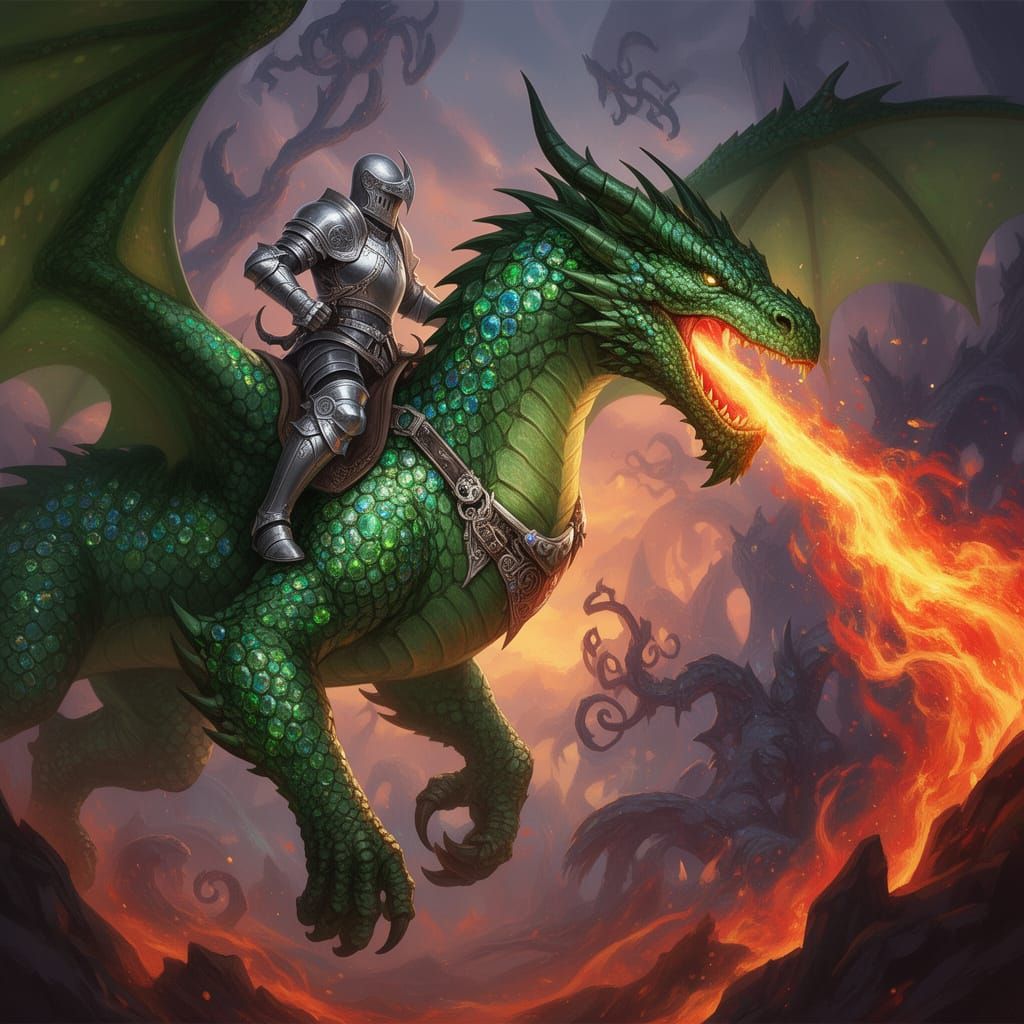 Valiant Knight Rides Emerald Dragon Breathing Fire