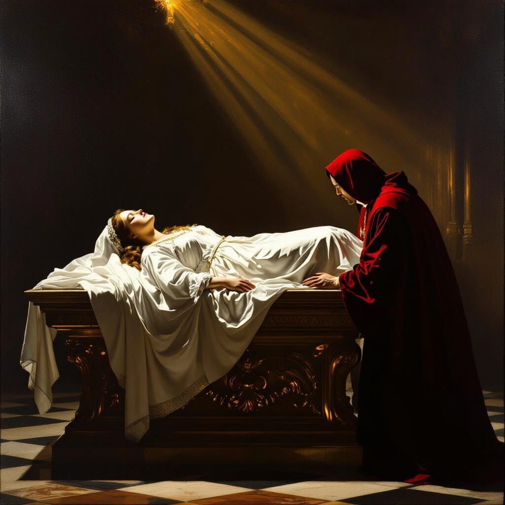 Maiden on Altar in Dramatic Baroque Oil Painting Style