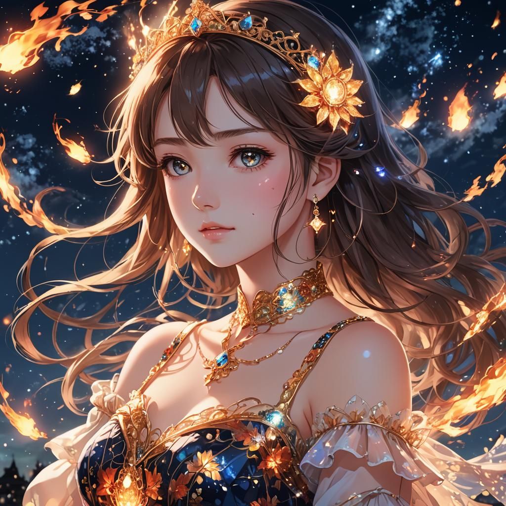 Anime-Style Portrait of a Princess with Fire Jewelry