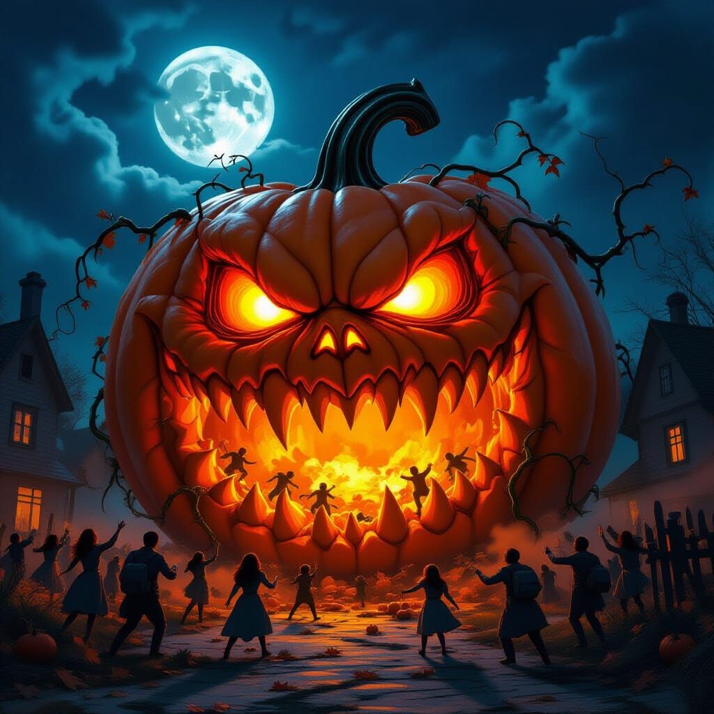 Pumpkinzilla Kaiju Devours Villagers in Dark Fantasy Art