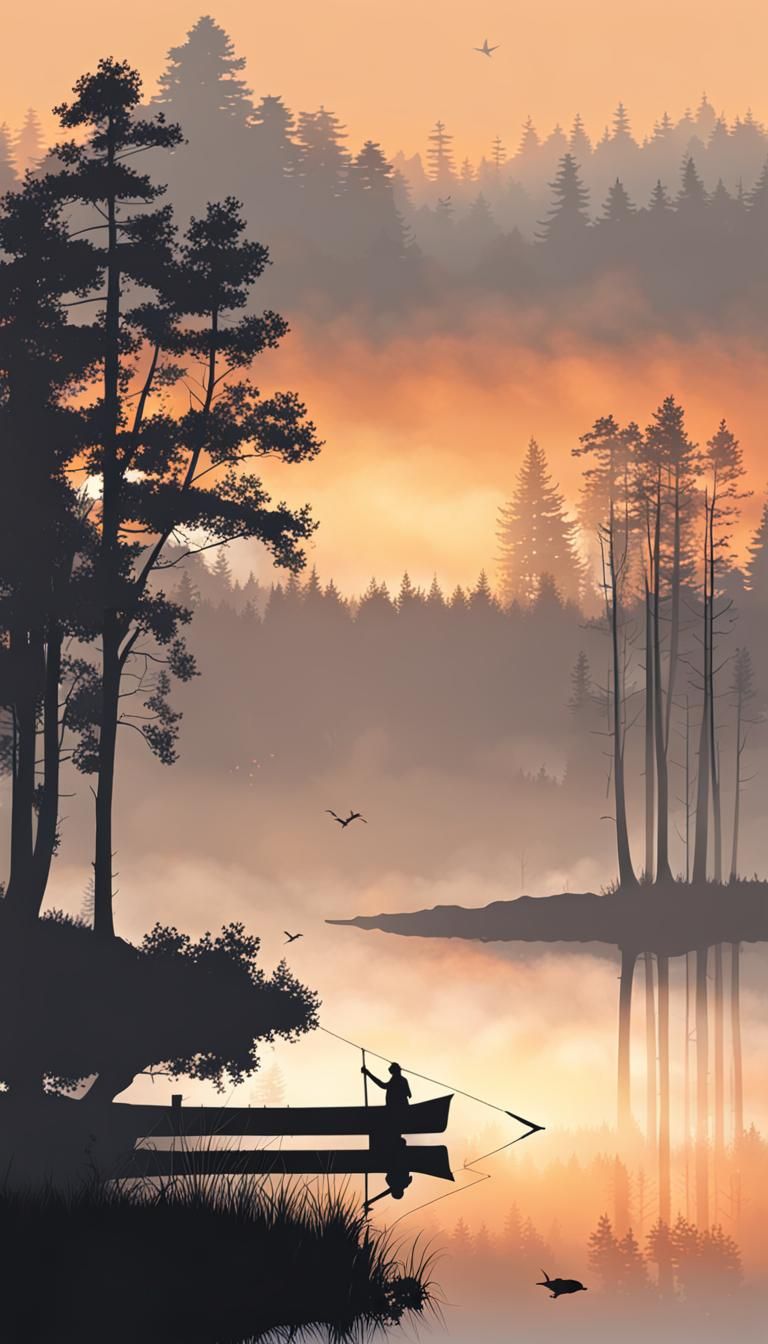 Vectored Sunrise Over Misty Lake