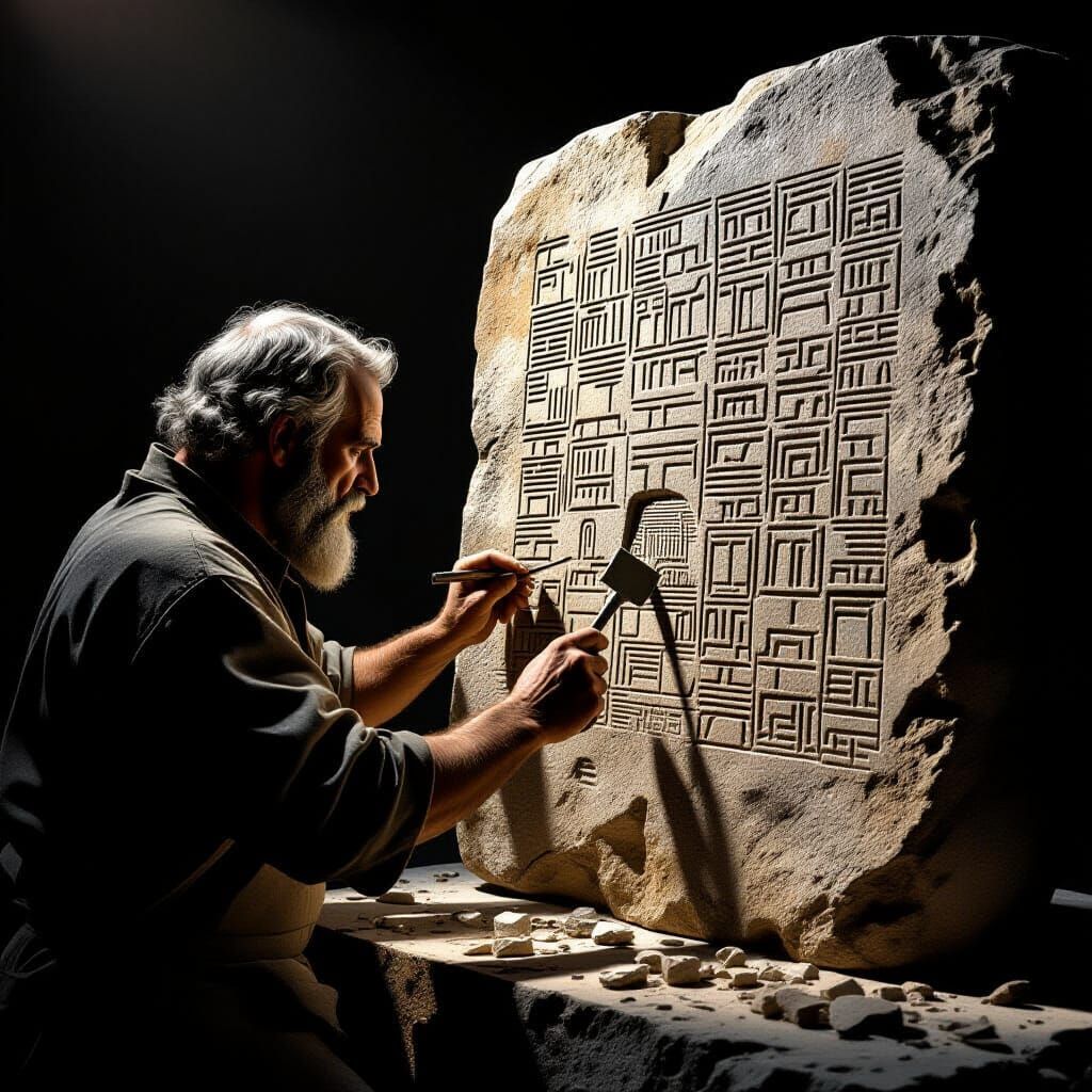 Sculptor Carves Ancient Symbols on Stone Tablet