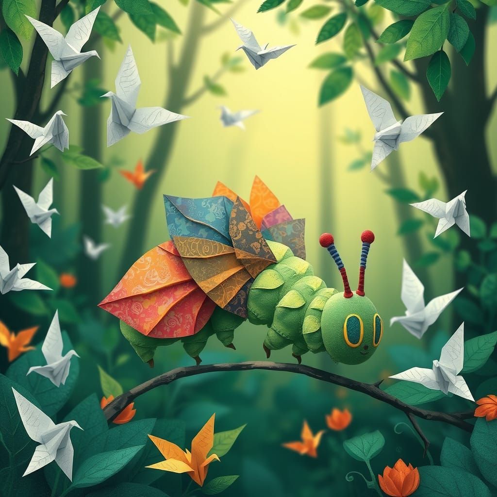 Origami Caterpillar in Whimsical Forest