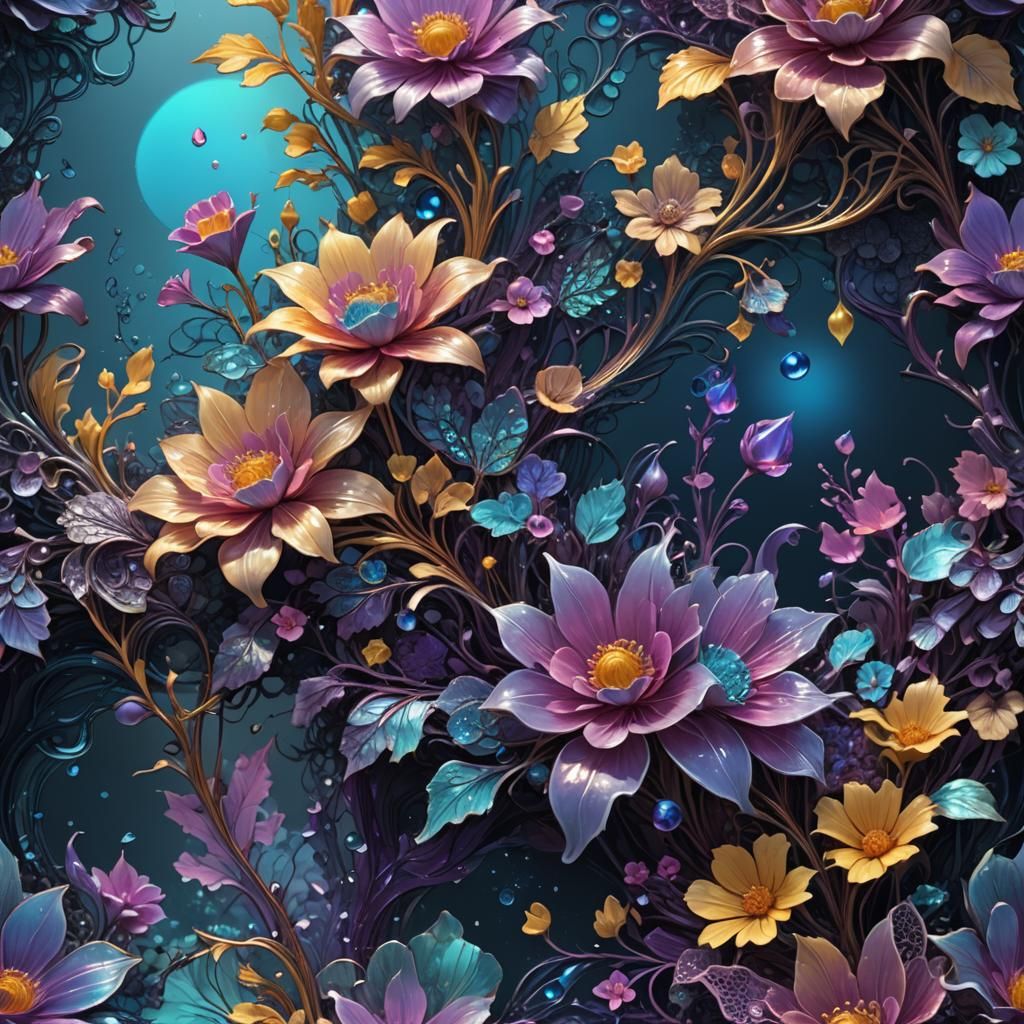 Mystic Ocean Shore with Holographic Glass Flowers