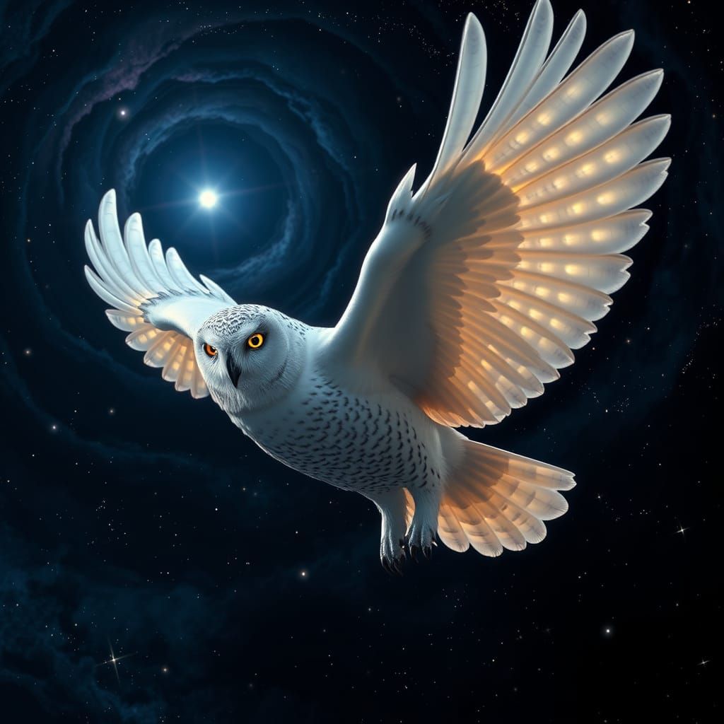 Majestic Snowy Owl Soars Through Cosmic Night