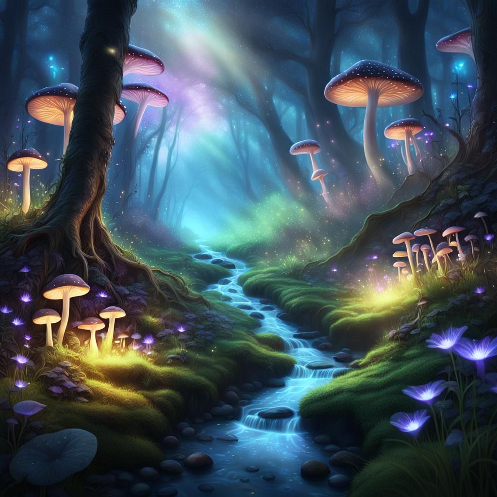 Bioluminescent Forest Stream in Ethereal Fantasy Style