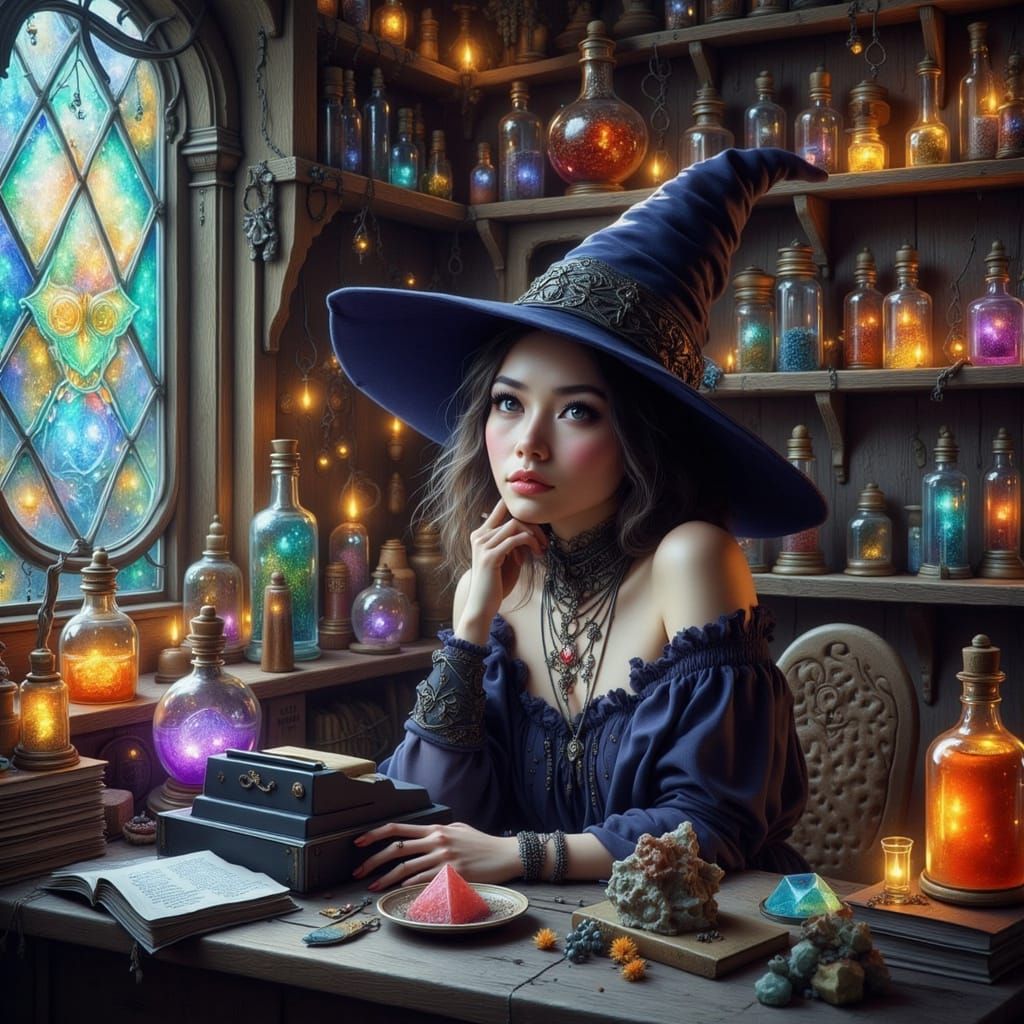 Bored Witch in Magic Shop, Ink and Oil Style