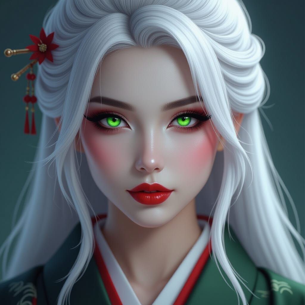 Vampire Geisha Portrait with White Hair and Green Eyes