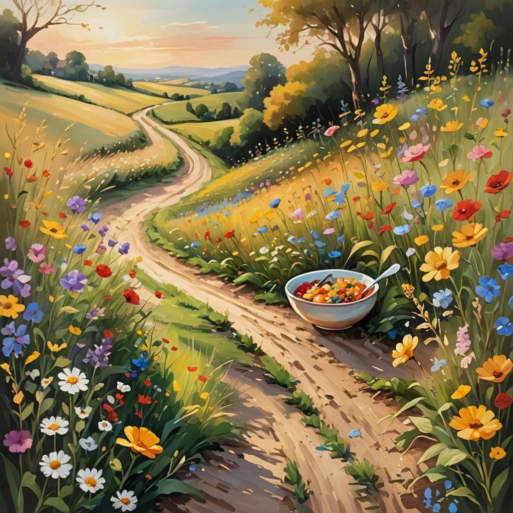 Dish and Spoon's Joyful Run: Whimsical Oil Painting