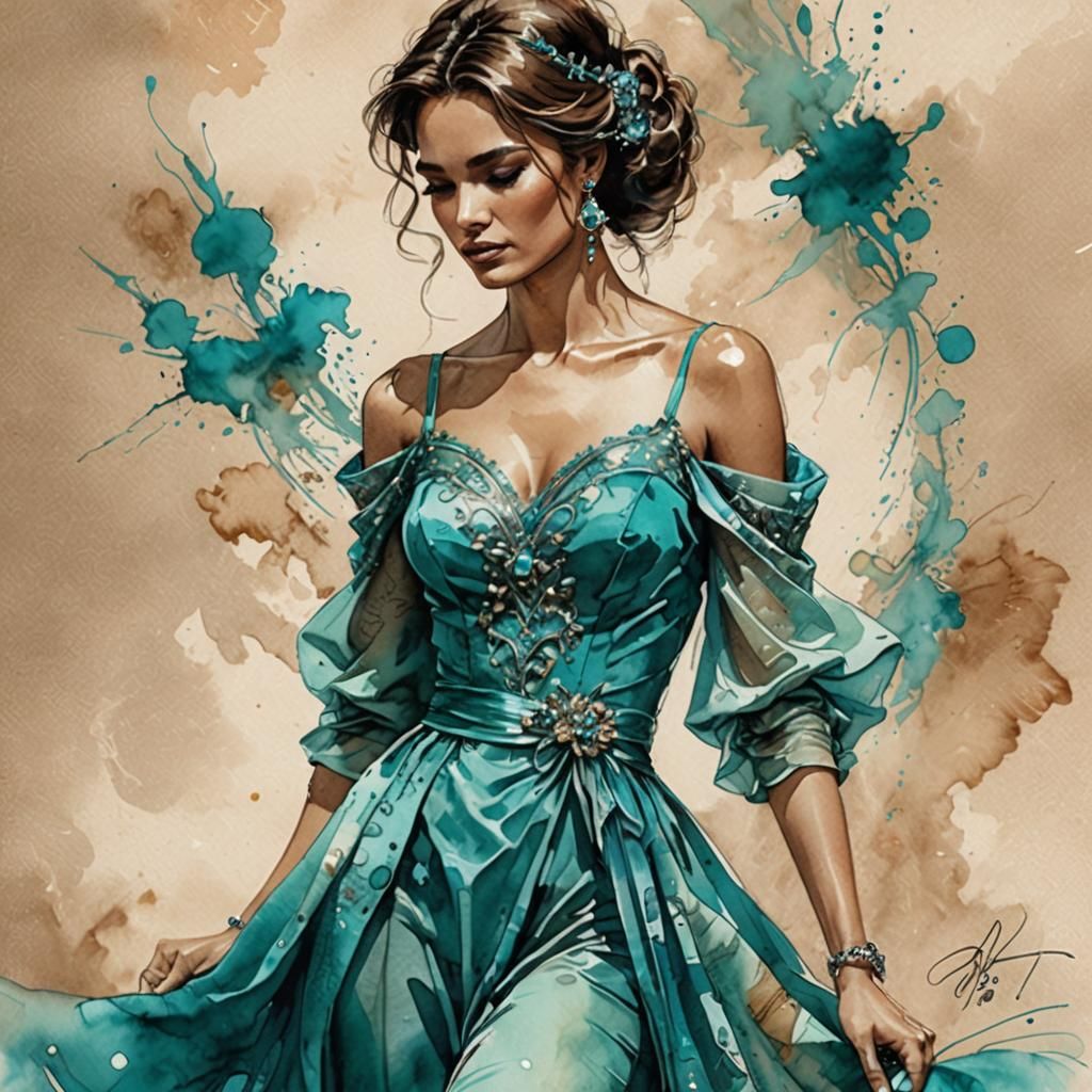 Elegant Woman's Silhouette in Watercolor and Alcohol Ink