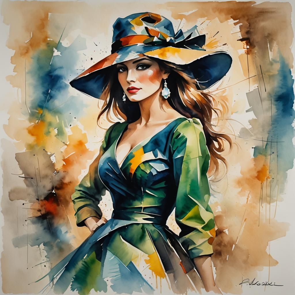 Elegant Woman Silhouette in Cubist Watercolor Style