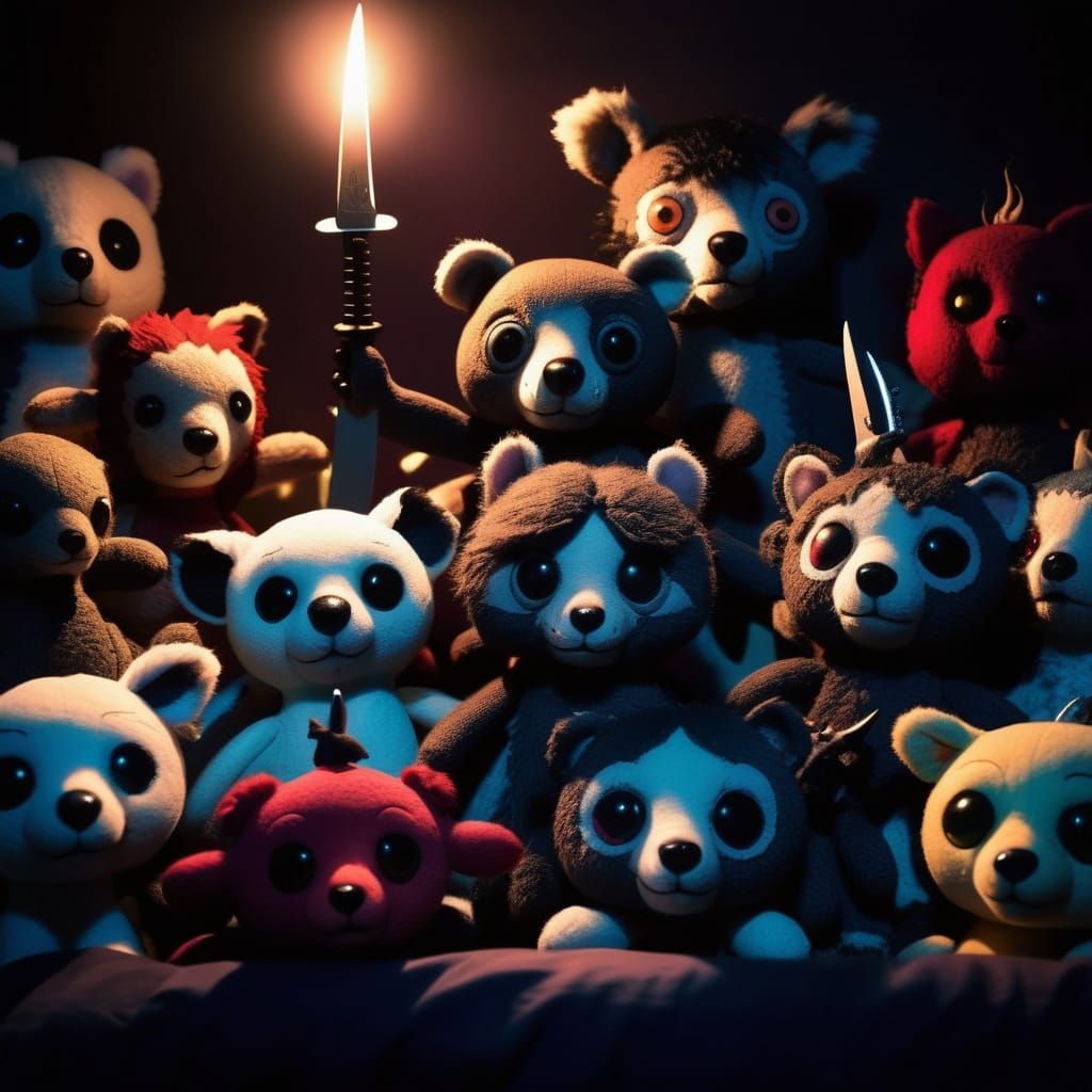 Creepy Stuffed Animals With Knives in Dark Whimsy Style