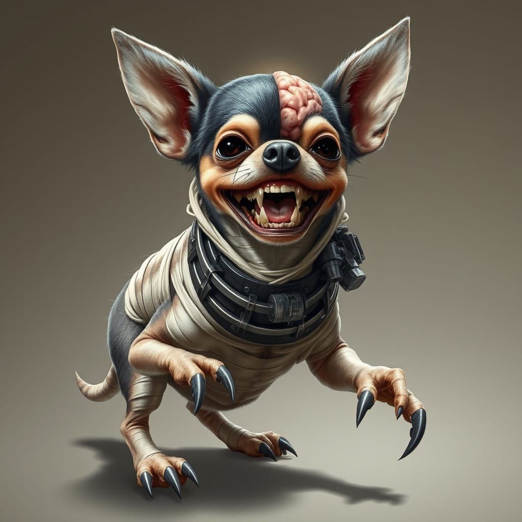 Chihuahua-Humanoid Hybrid with Chainsaw Collar