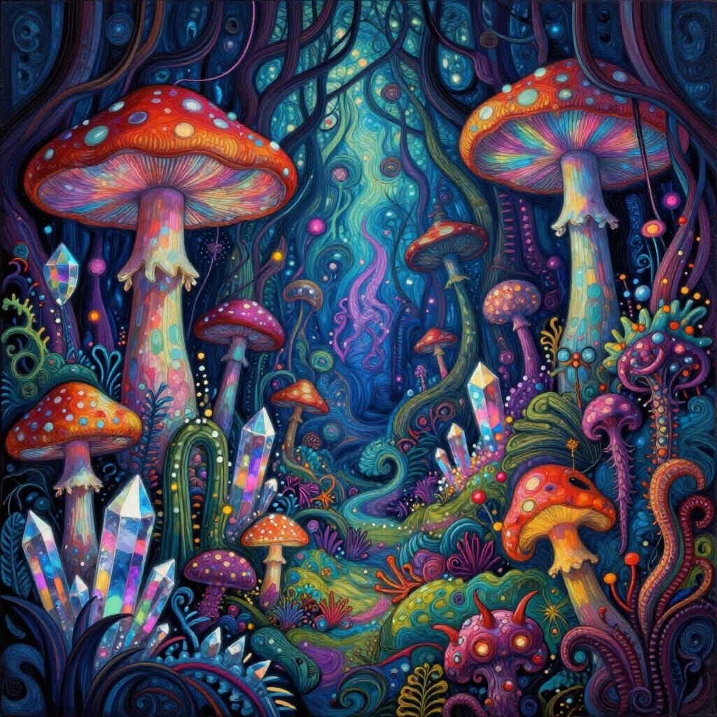 Psychedelic Forest of Glowing Mushrooms and Crystals