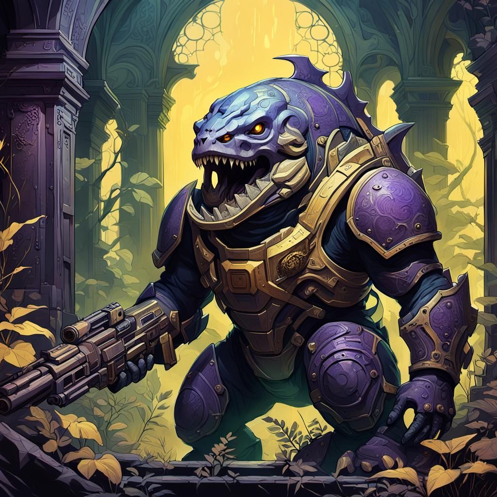 Dunkleosteus with Minigun in Dark Fantasy Temple