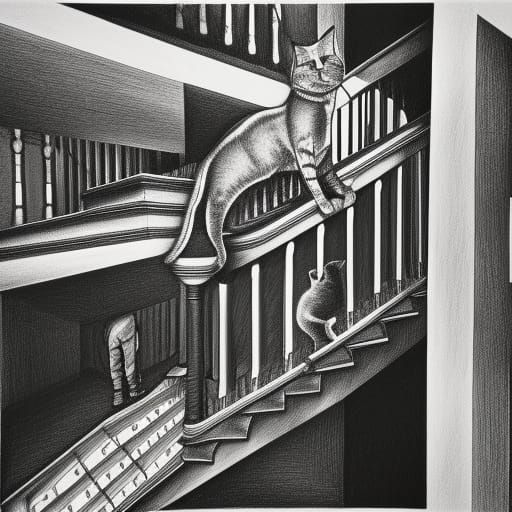 Cat in Bottle with Staircase, Escher-Style Charcoal Drawing