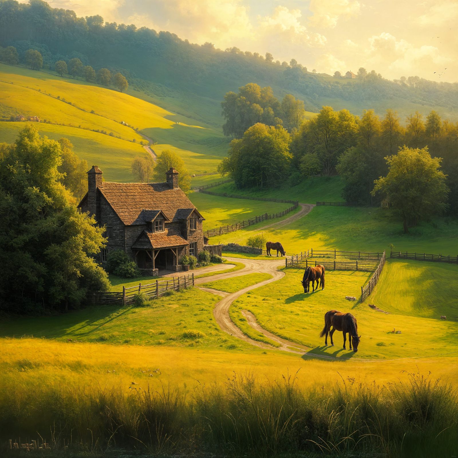 Idyllic Countryside Scene in Classic Oil Painting Style