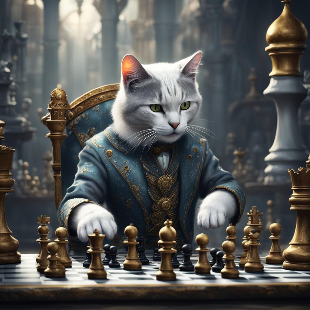 Cat Playing Chess: Detailed Fantasy Art