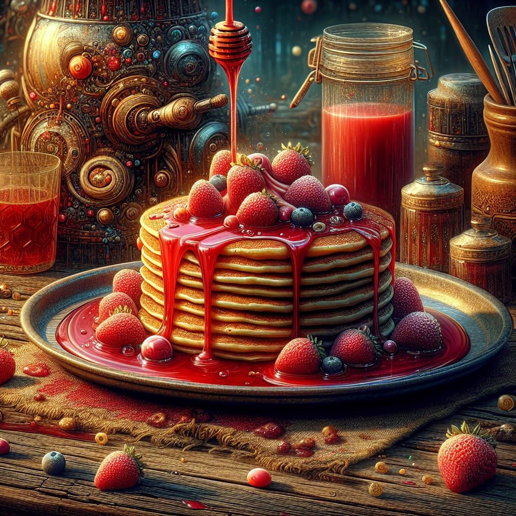 Pancakes with Strawberry Syrup and Honey