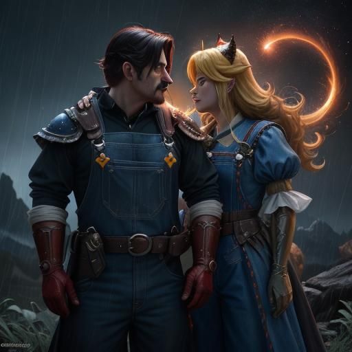 Mario and Bowsette's Rainy Embrace: A Photorealistic Vision
