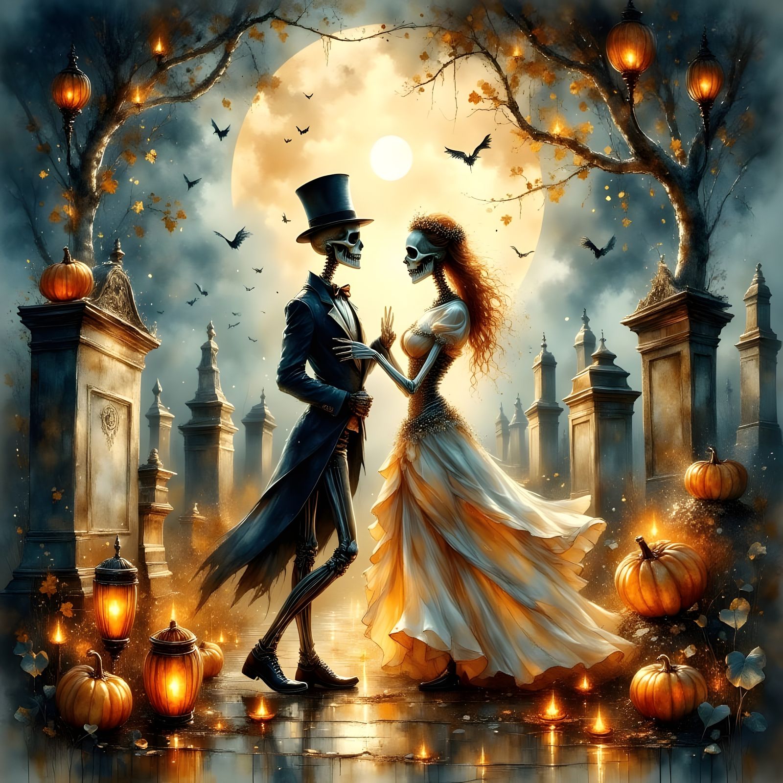 Dancing Skeletons in Autumn Graveyard Twilight Watercolor